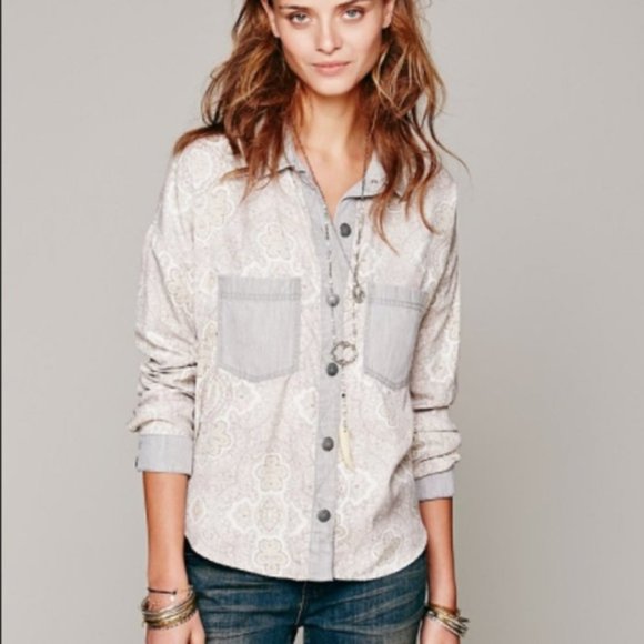 Free People Center Front Paisley Denim Pocket Silky Button Down oversized top XS - Picture 2 of 13